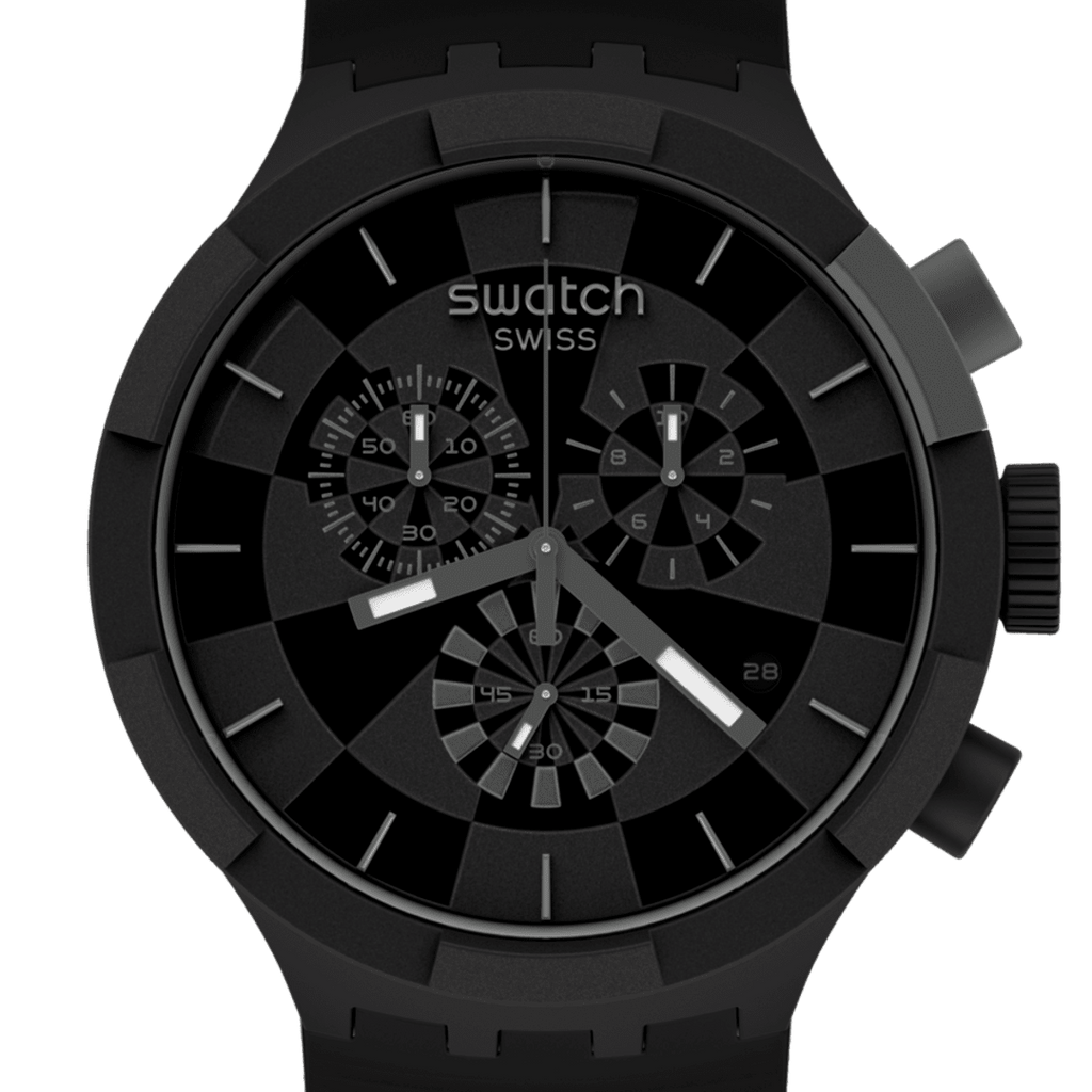 A Swatch Swiss chronograph watch in all-black, featuring a textured black case, a black dial with white markings and hands, and a matching black strap, shown against a plain white background.
