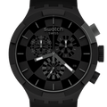 A Swatch Swiss chronograph watch in all-black, featuring a textured black case, a black dial with white markings and hands, and a matching black strap, shown against a plain white background.