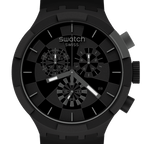 A Swatch Swiss chronograph watch in all-black, featuring a textured black case, a black dial with white markings and hands, and a matching black strap, shown against a plain white background.