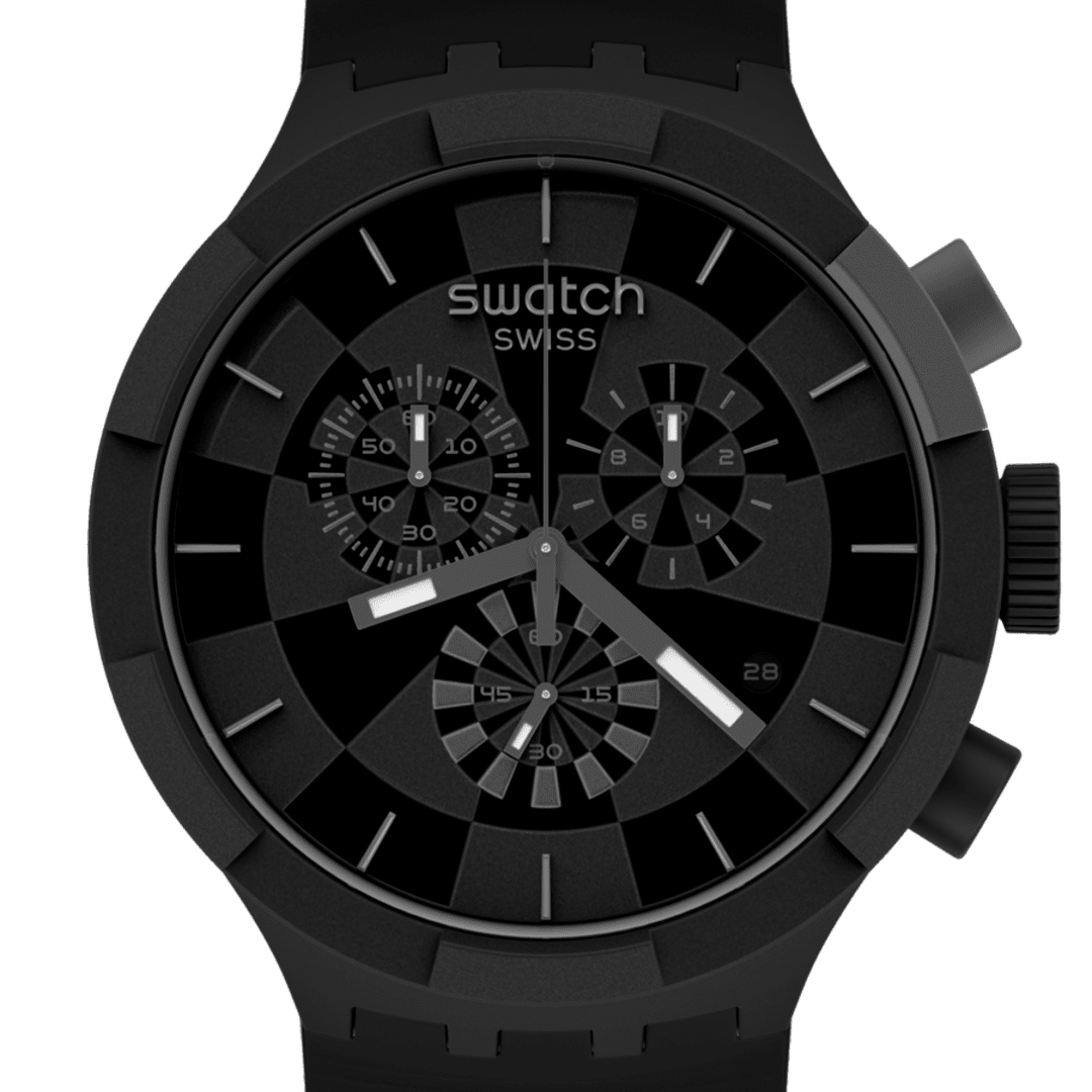 A Swatch Swiss chronograph watch in all-black, featuring a textured black case, a black dial with white markings and hands, and a matching black strap, shown against a plain white background.