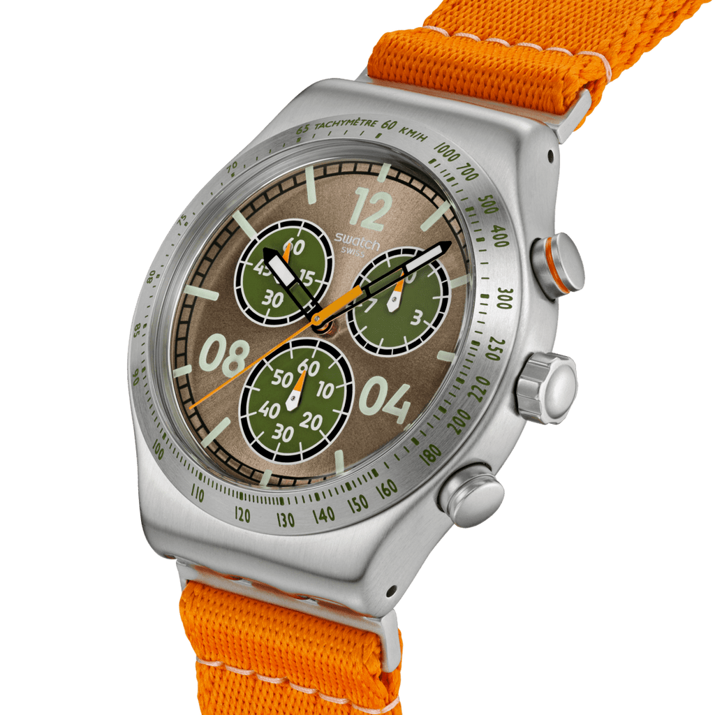 Wristwatch with orange strap and detailed face on a white background