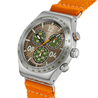 Wristwatch with orange strap and detailed face on a white background