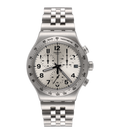 Swatch stainless steel chronograph watch with a silver-tone metal link bracelet, silver case, and a white dial with black markings.