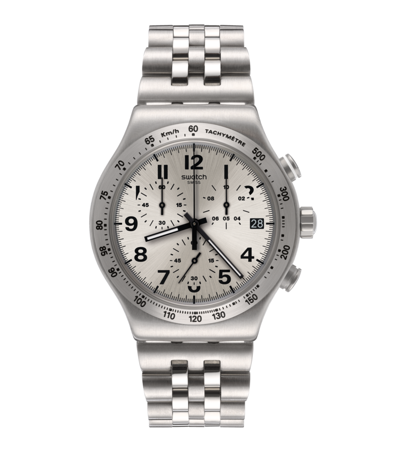 Swatch stainless steel chronograph watch with a silver-tone metal link bracelet, silver case, and a white dial with black markings.