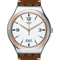 Swatch Swiss watch with a silver stainless steel case, rose gold-toned inner bezel and hands, a white dial with black Arabic numerals, and a brown leather strap.