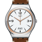Swatch Swiss watch with a silver stainless steel case, rose gold-toned inner bezel and hands, a white dial with black Arabic numerals, and a brown leather strap.
