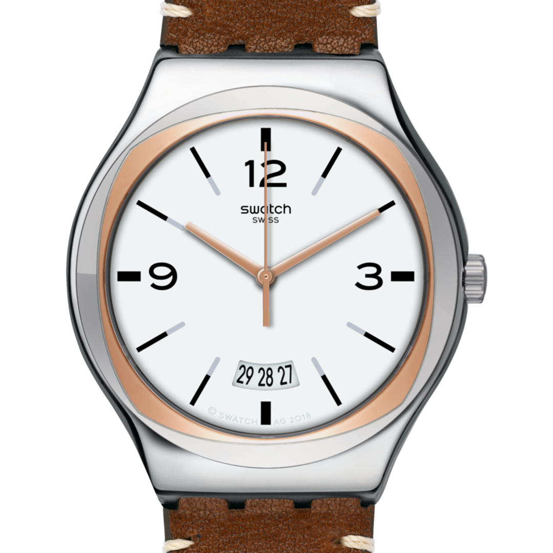 Swatch Swiss watch with a silver stainless steel case, rose gold-toned inner bezel and hands, a white dial with black Arabic numerals, and a brown leather strap.